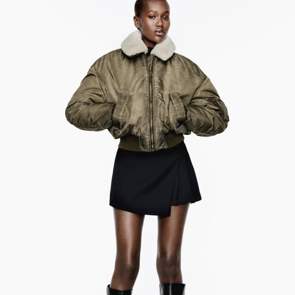 NWT ZARA DISTRESSED EFFECT NYLON BOMBER KHAKI - Picture 1 of 6